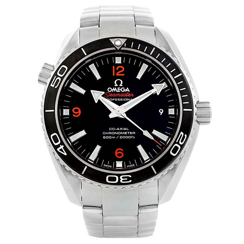 This image shows a frontal view of the Omega Seamaster 232.30.42.21.01.003 Men
s Stainless Steel Black Dial 232.30.42.21.01.003 Men
s Stainless Steel Black Dial watch, highlighting the dial, bezel, and bracelet.