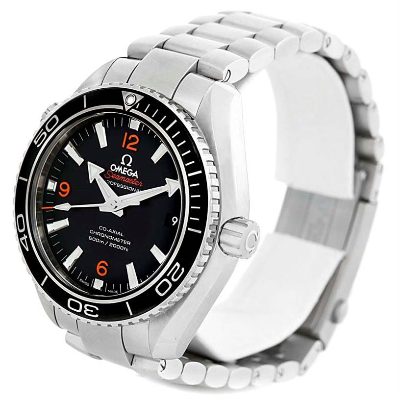 This image shows a frontal view of the Omega Seamaster 232.30.42.21.01.003 Men
s Stainless Steel Black Dial 232.30.42.21.01.003 Men
s Stainless Steel Black Dial watch, highlighting the face, bezel, crown, and bracelet.