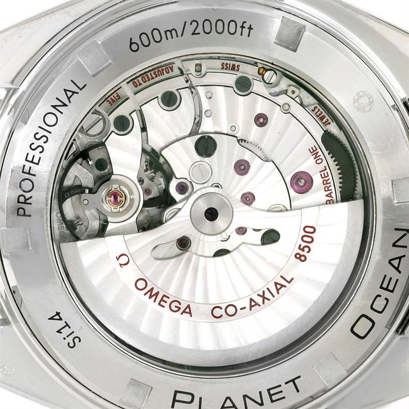 This image shows the back view of the Omega Seamaster 232.30.42.21.01.003 Men
s Stainless Steel Black Dial 232.30.42.21.01.003 Men
s Stainless Steel Black Dial watch, highlighting its inner mechanical parts.