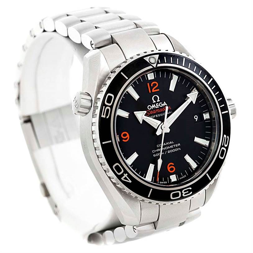 The image shows an angled view of an Omega Seamaster 232.30.42.21.01.003 Men
s Stainless Steel Black Dial 232.30.42.21.01.003 Men
s Stainless Steel Black Dial watch, highlighting the dial, bezel, crown, and bracelet.
