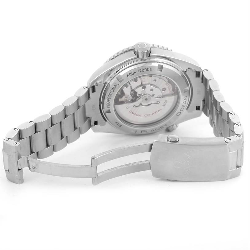 The image shows the back and partially open clasp of an Omega Seamaster 232.30.42.21.01.003 Men
s Stainless Steel Black Dial 232.30.42.21.01.003 Men
s Stainless Steel Black Dial watch, highlighting its stainless steel bracelet and exposed movement.