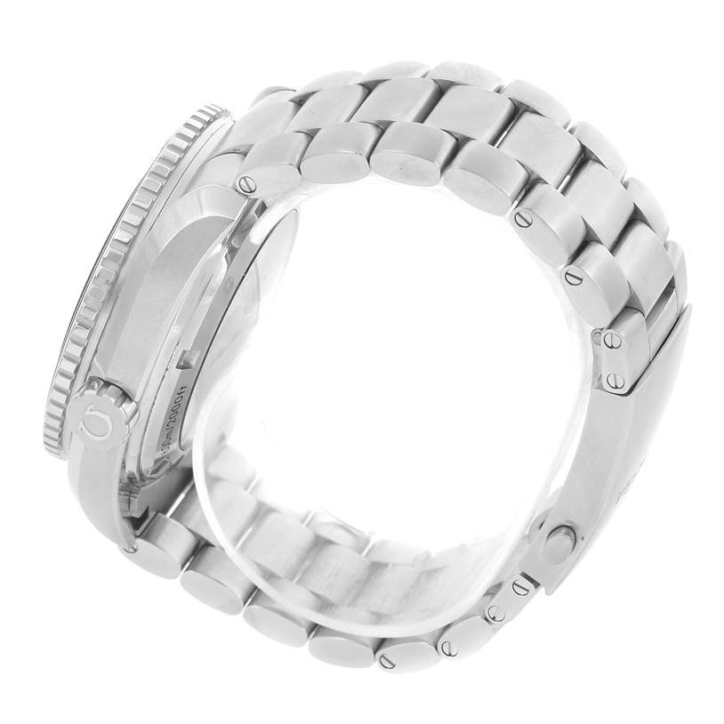 The image shows a side view of the Omega Seamaster 232.30.42.21.01.003 Men
s Stainless Steel Black Dial 232.30.42.21.01.003 Men
s Stainless Steel Black Dial watch, focusing on the bracelet and caseback.