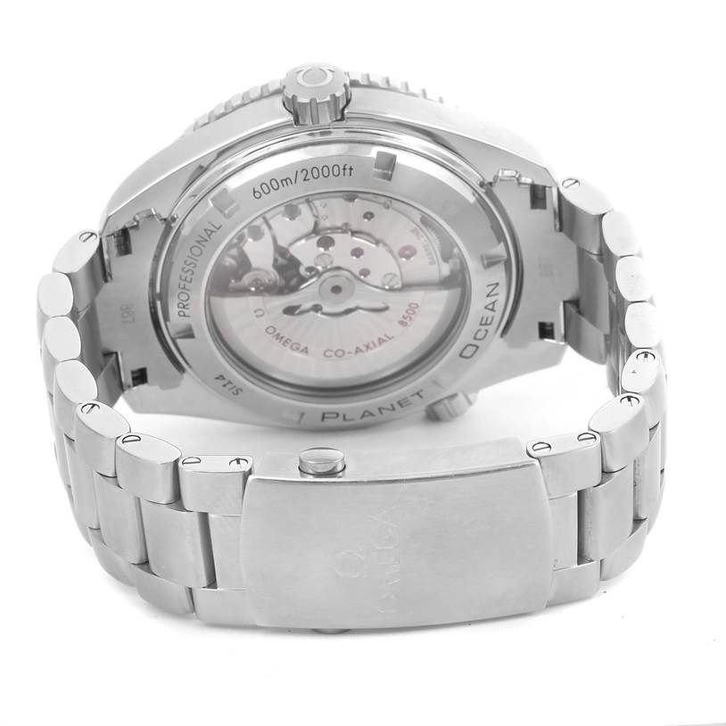 The image shows the back and bracelet of the Omega Seamaster 232.30.42.21.01.003 Men
s Stainless Steel Black Dial 232.30.42.21.01.003 Men
s Stainless Steel Black Dial Planet Ocean watch at an angle, revealing its transparent case back and clasp.