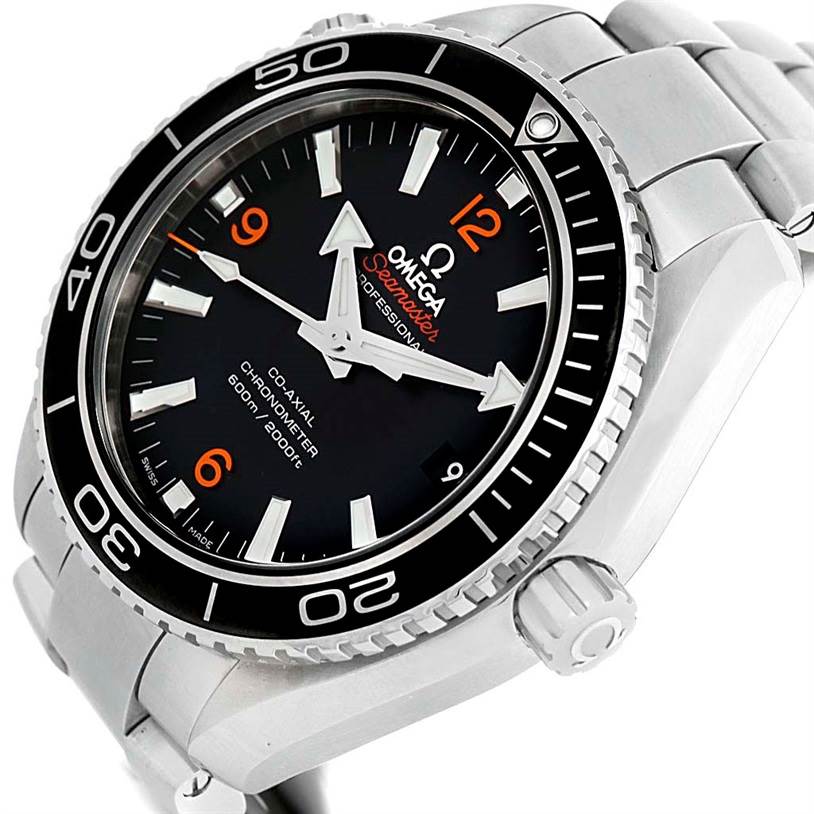 The image shows an Omega Seamaster 232.30.42.21.01.003 Men
s Stainless Steel Black Dial 232.30.42.21.01.003 Men
s Stainless Steel Black Dial watch from a close-up angle, highlighting the dial, bezel, bracelet, and crown.