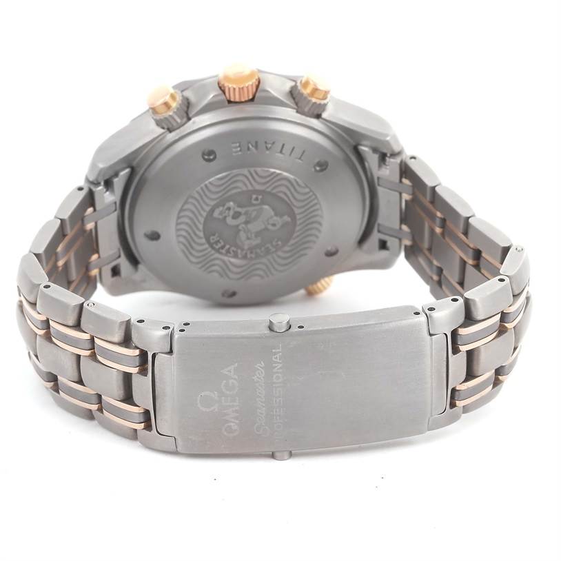 The image shows the back case and bracelet of the Omega Seamaster 2296.80.00 Men's Titanium Blue Dial 2296.80.00 Men's Titanium Blue Dial watch, focusing on the clasp and side buttons at an angle.