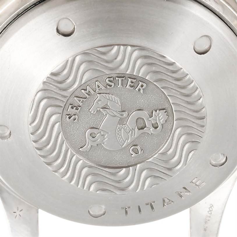 This image shows the case back of an Omega Seamaster 2296.80.00 Men's Titanium Blue Dial 2296.80.00 Men's Titanium Blue Dial model, featuring the engraving and "Titane" inscription.