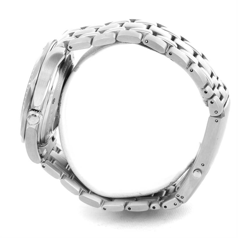 Side view of an Omega Seamaster 2226.80.00 Men
s Stainless Steel Blue Dial 2226.80.00 Men
s Stainless Steel Blue Dial watch showing its crown, case, and metal bracelet.