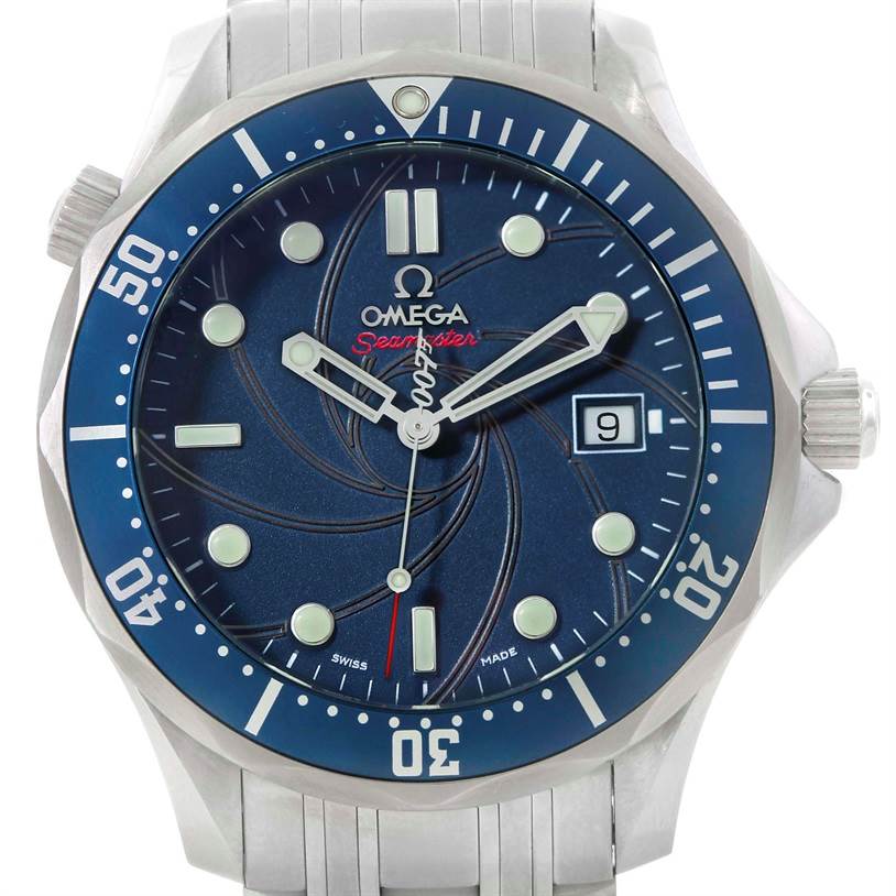 The Omega Seamaster 2226.80.00 Men
s Stainless Steel Blue Dial 2226.80.00 Men
s Stainless Steel Blue Dial watch is shown from a front angle, highlighting its face, bezel, and part of the bracelet.