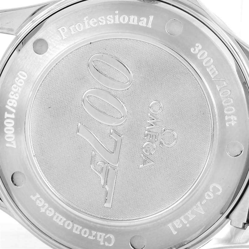 The image shows the case back of an Omega Seamaster 2226.80.00 Men
s Stainless Steel Blue Dial 2226.80.00 Men
s Stainless Steel Blue Dial watch, highlighting the "007" engraving and depth rating.