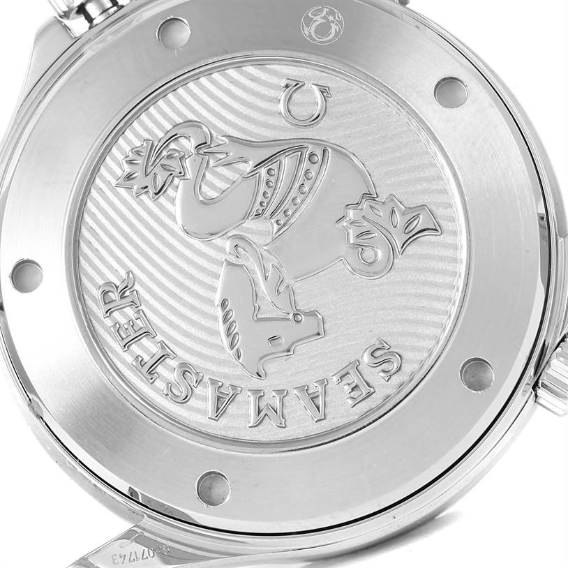 The image shows the back case of an Omega Seamaster 212.30.41.20.03.001 Men
s Stainless Steel Blue Dial 212.30.41.20.03.001 Men
s Stainless Steel Blue Dial watch, highlighting the engraved logo and inscription.