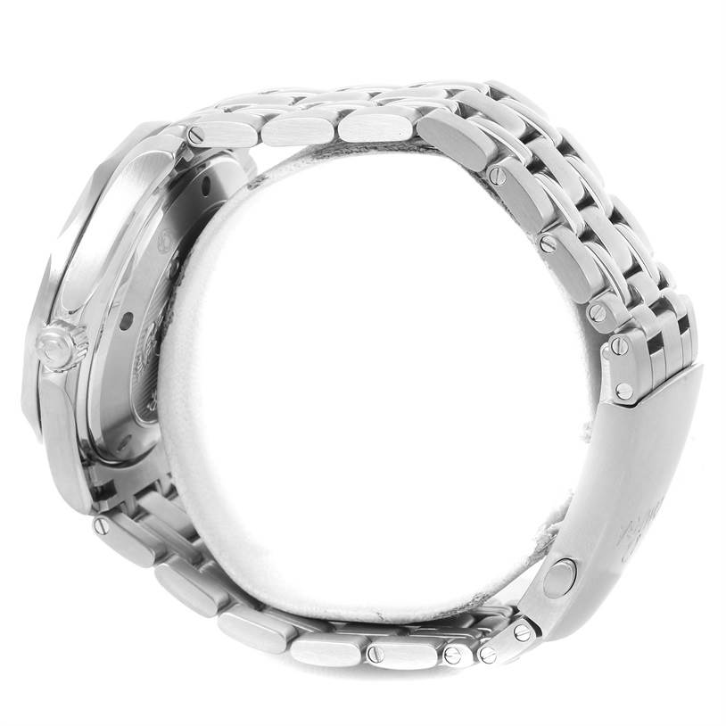 This side-angle view of the Omega Seamaster 212.30.41.20.03.001 Men
s Stainless Steel Blue Dial 212.30.41.20.03.001 Men
s Stainless Steel Blue Dial watch shows the clasp, bracelet, and part of the case.