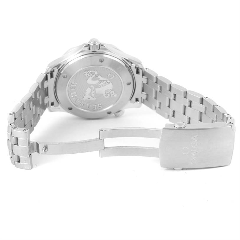 The image shows the Omega Seamaster 212.30.41.20.03.001 Men
s Stainless Steel Blue Dial 212.30.41.20.03.001 Men
s Stainless Steel Blue Dial watch from the rear, highlighting its case back, bracelet, and deployment clasp.