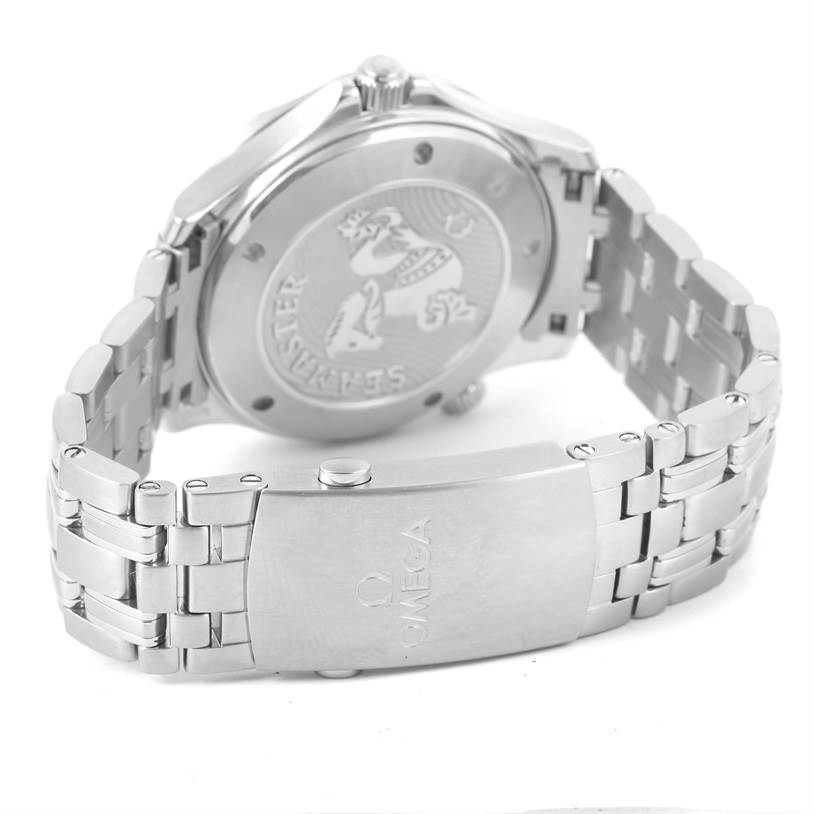 The image shows the back and clasp of an Omega Seamaster 212.30.41.20.03.001 Men
s Stainless Steel Blue Dial 212.30.41.20.03.001 Men
s Stainless Steel Blue Dial watch, highlighting its stainless steel bracelet and engraved case back.