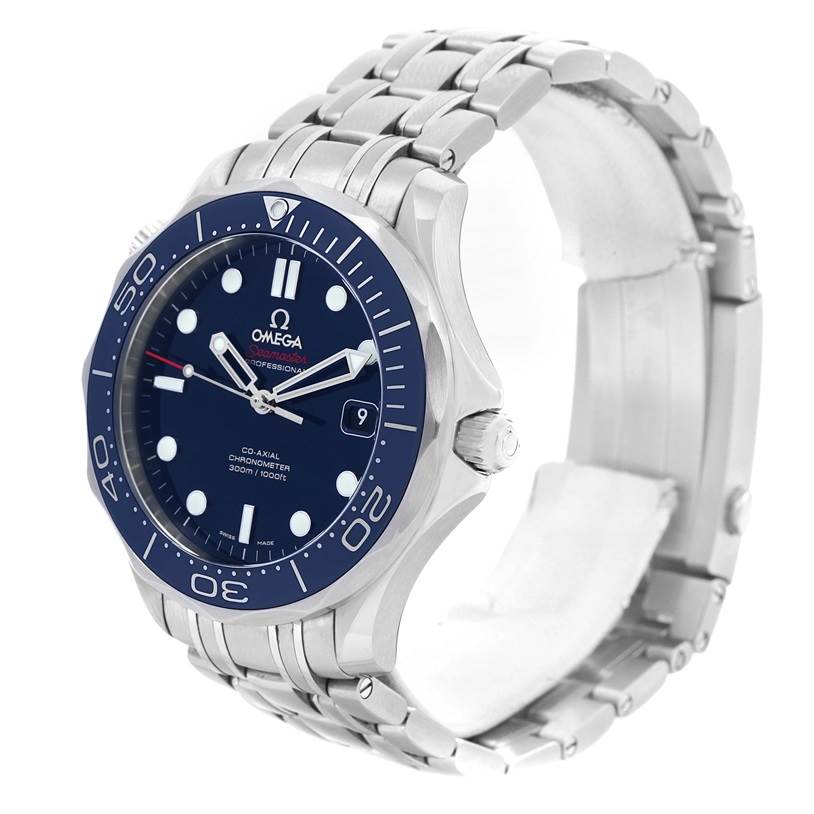 The Omega Seamaster 212.30.41.20.03.001 Men
s Stainless Steel Blue Dial 212.30.41.20.03.001 Men
s Stainless Steel Blue Dial watch is shown at a slight side angle, highlighting the blue dial, bezel, and stainless steel bracelet.