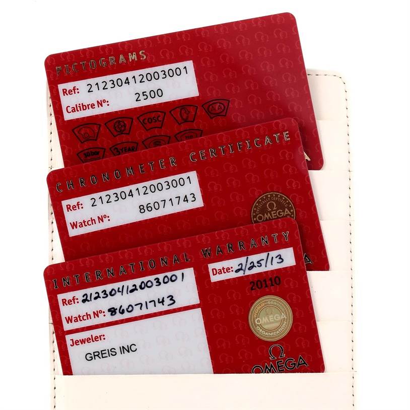 This image shows the warranty cards and certificates for the Omega Seamaster 212.30.41.20.03.001 Men
s Stainless Steel Blue Dial 212.30.41.20.03.001 Men
s Stainless Steel Blue Dial model.