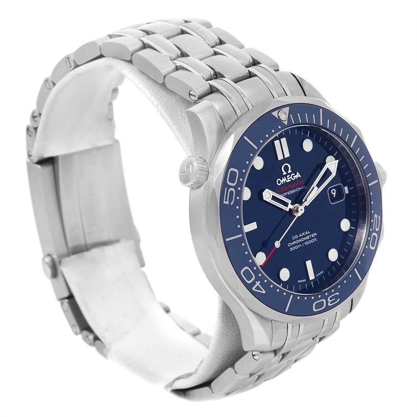 The Omega Seamaster 212.30.41.20.03.001 Men
s Stainless Steel Blue Dial 212.30.41.20.03.001 Men
s Stainless Steel Blue Dial watch is shown at an angle highlighting its dial, bezel, and metal bracelet.