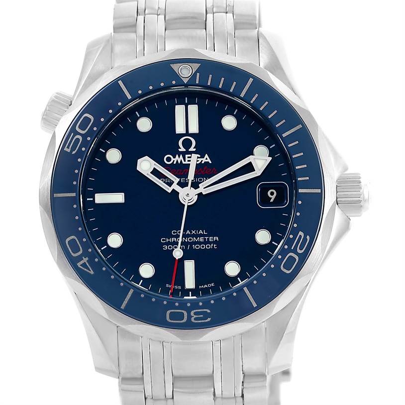 The image shows a front view of the Omega Seamaster 212.30.36.20.03.001 Men's Stainless Steel Blue Dial 212.30.36.20.03.001 Men's Stainless Steel Blue Dial watch, highlighting the dial, bezel, and part of the bracelet.
