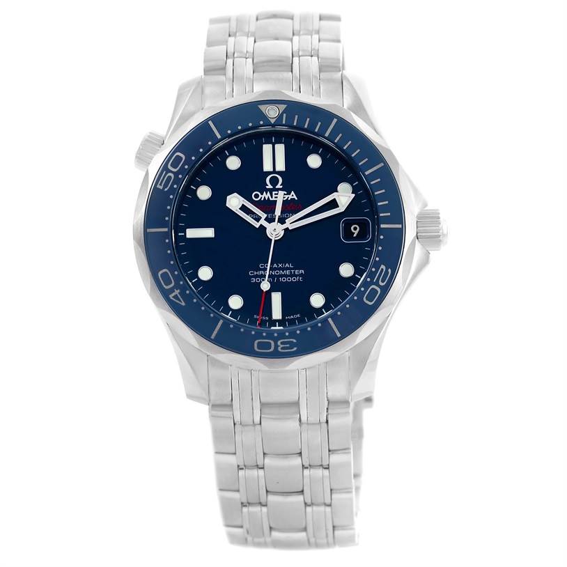 The image shows a front view of the Omega Seamaster 212.30.36.20.03.001 Men's Stainless Steel Blue Dial 212.30.36.20.03.001 Men's Stainless Steel Blue Dial watch, highlighting the blue dial, bezel, and stainless steel bracelet.