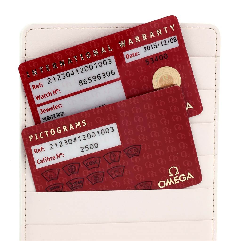 The image shows the international warranty and pictograms cards for the Omega Seamaster 212.30.41.20.01.003 Men
s Stainless Steel Black Dial 212.30.41.20.01.003 Men
s Stainless Steel Black Dial model, displayed inside a cardholder.