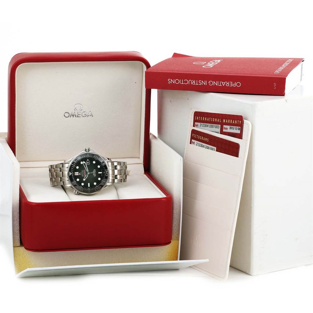 The Omega Seamaster 212.30.41.20.01.003 Men
s Stainless Steel Black Dial 212.30.41.20.01.003 Men
s Stainless Steel Black Dial watch is shown front-facing in its box with an instruction manual and warranty cards.