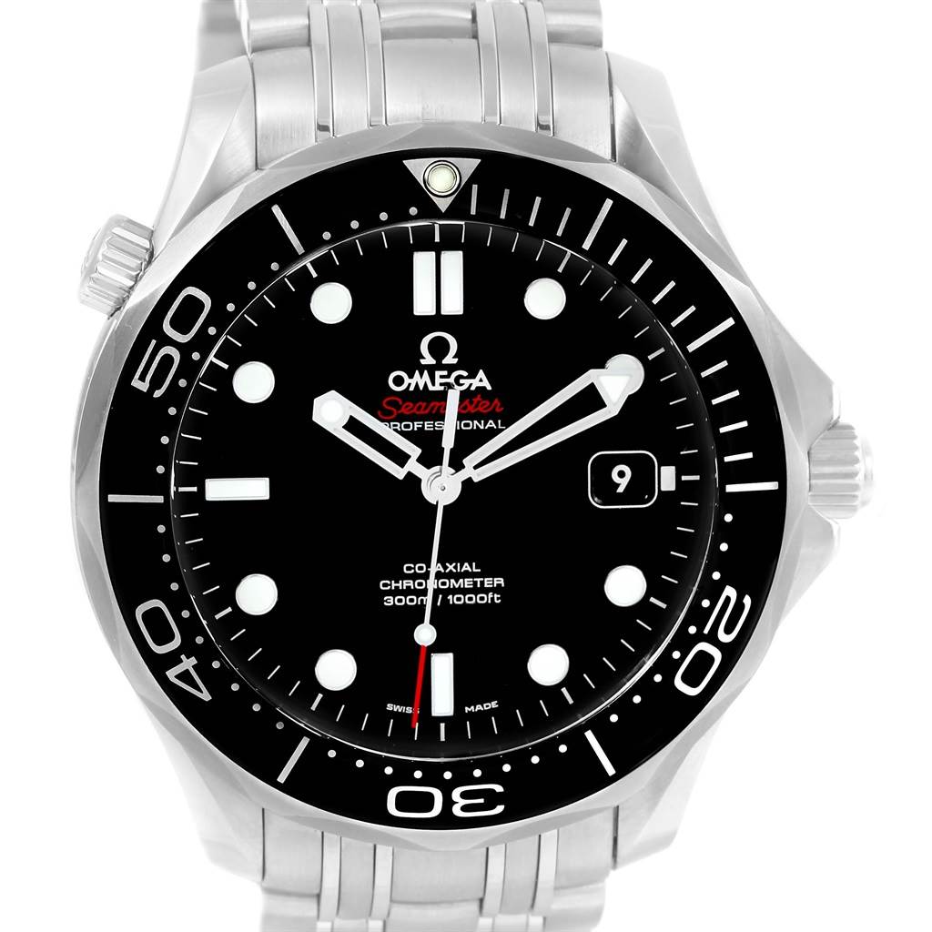This image shows a front view of the Omega Seamaster 212.30.41.20.01.003 Men
s Stainless Steel Black Dial 212.30.41.20.01.003 Men
s Stainless Steel Black Dial watch, showcasing its dial, bezel, and bracelet.