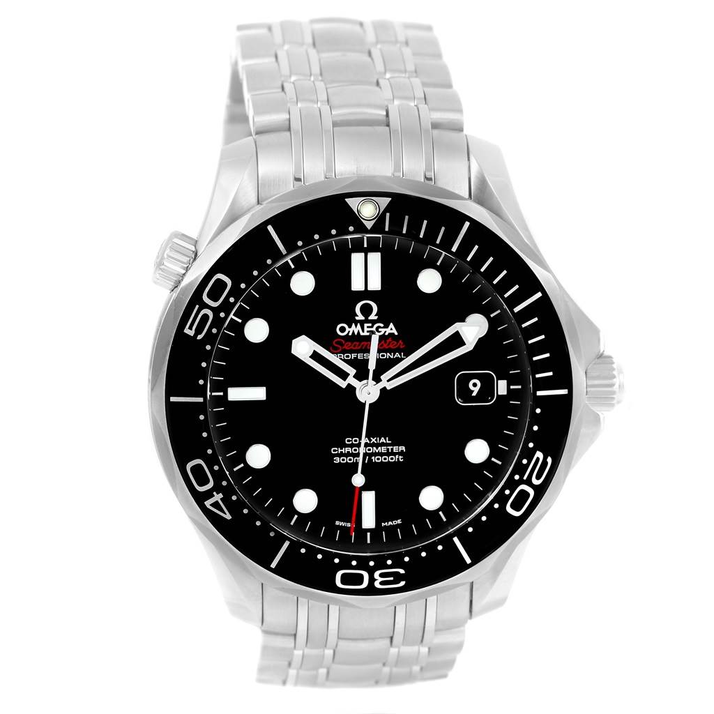 The image shows a front view of the Omega Seamaster 212.30.41.20.01.003 Men
s Stainless Steel Black Dial 212.30.41.20.01.003 Men
s Stainless Steel Black Dial watch, highlighting its black dial, bezel, and stainless steel bracelet.