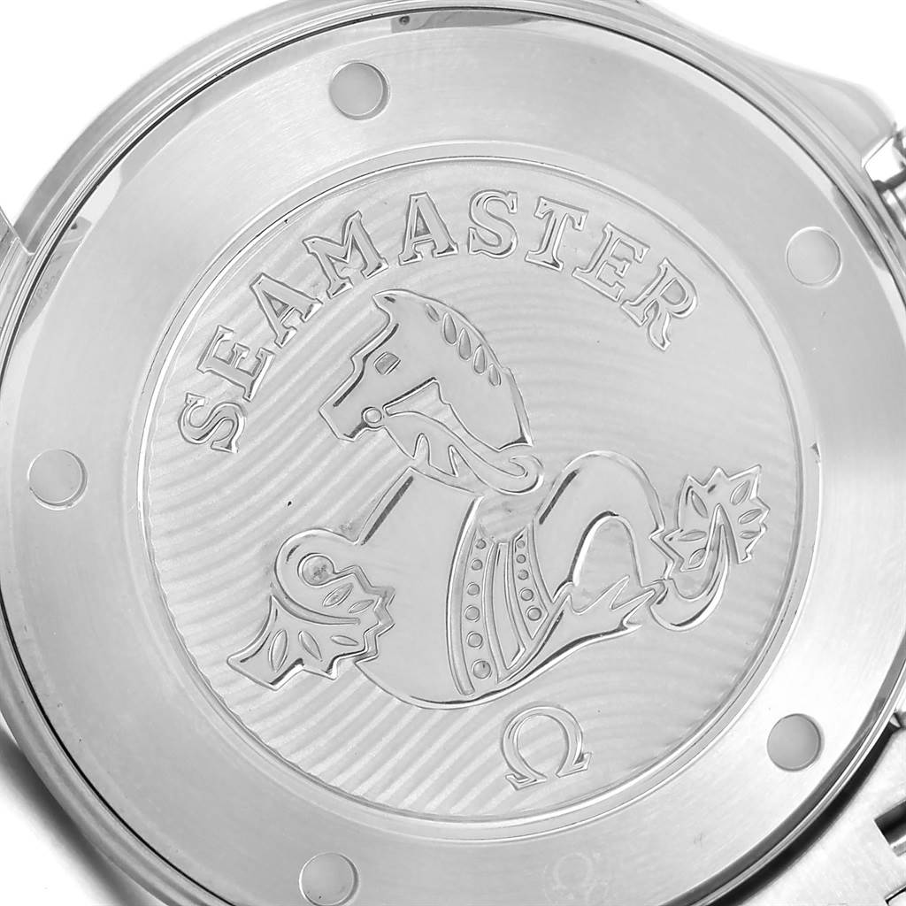 The image shows the engraved case back of an Omega Seamaster 212.30.41.20.01.003 Men
s Stainless Steel Black Dial 212.30.41.20.01.003 Men
s Stainless Steel Black Dial watch, featuring the brand logo and seahorse design.