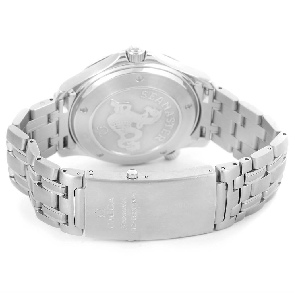 This image shows the back and partially folded stainless steel bracelet of an Omega Seamaster 212.30.41.20.01.002 Men
s Stainless Steel Black Dial 212.30.41.20.01.002 Men
s Stainless Steel Black Dial watch.