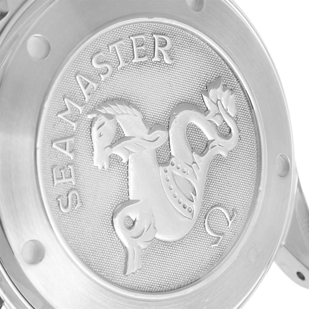 This image shows the engraved case back of an Omega Seamaster 212.30.41.20.01.002 Men
s Stainless Steel Black Dial 212.30.41.20.01.002 Men
s Stainless Steel Black Dial watch.