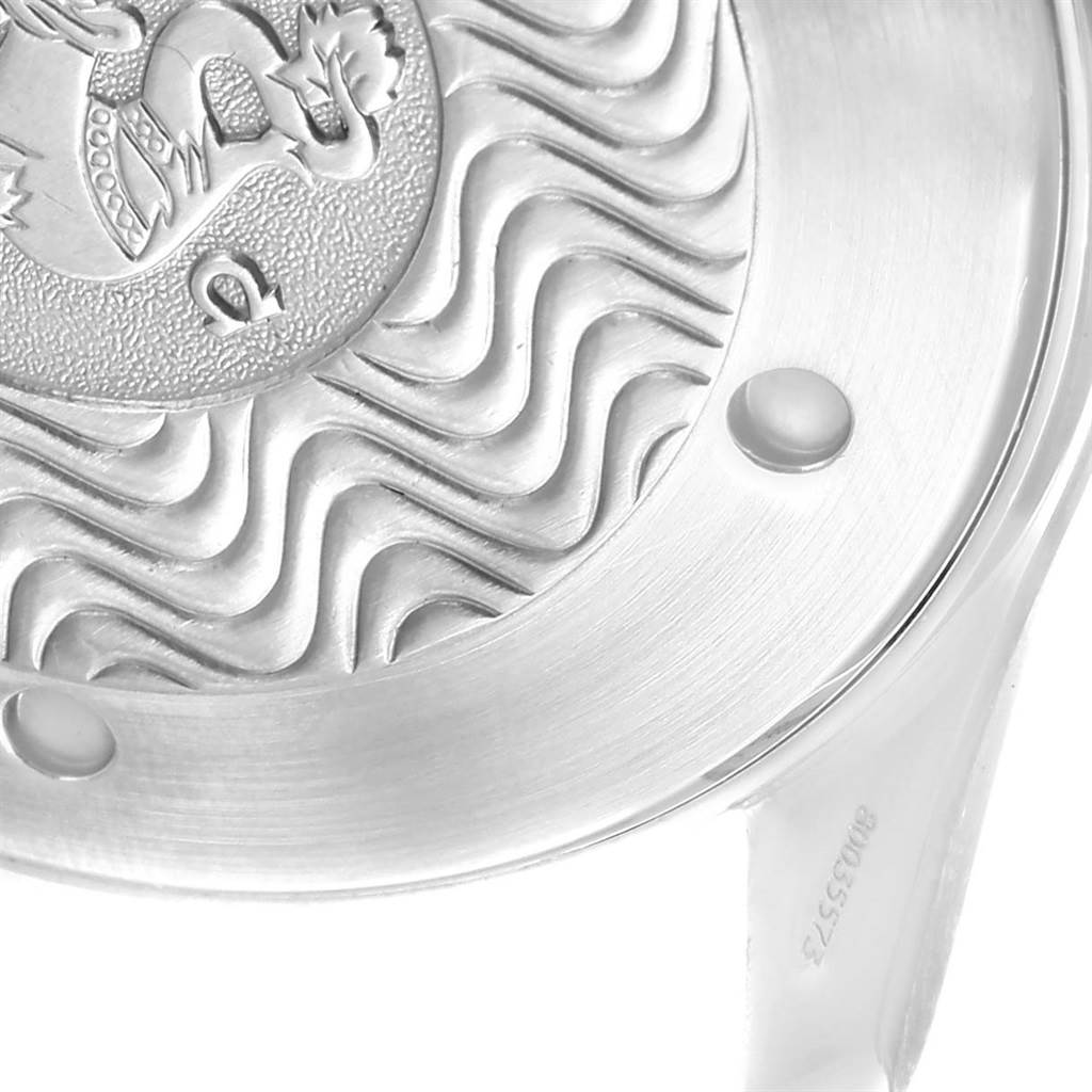 The image shows a close-up of the engraved case back design on an Omega Seamaster 2531.80.00 Men
s Stainless Steel Blue Dial 2531.80.00 Men
s Stainless Steel Blue Dial model watch.