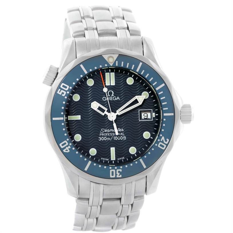 The Omega Seamaster 2561.80.00 Men
s Stainless Steel Blue Dial 2561.80.00 Men
s Stainless Steel Blue Dial watch is shown from a front angle, displaying its dial, bezel, bands, and crown.