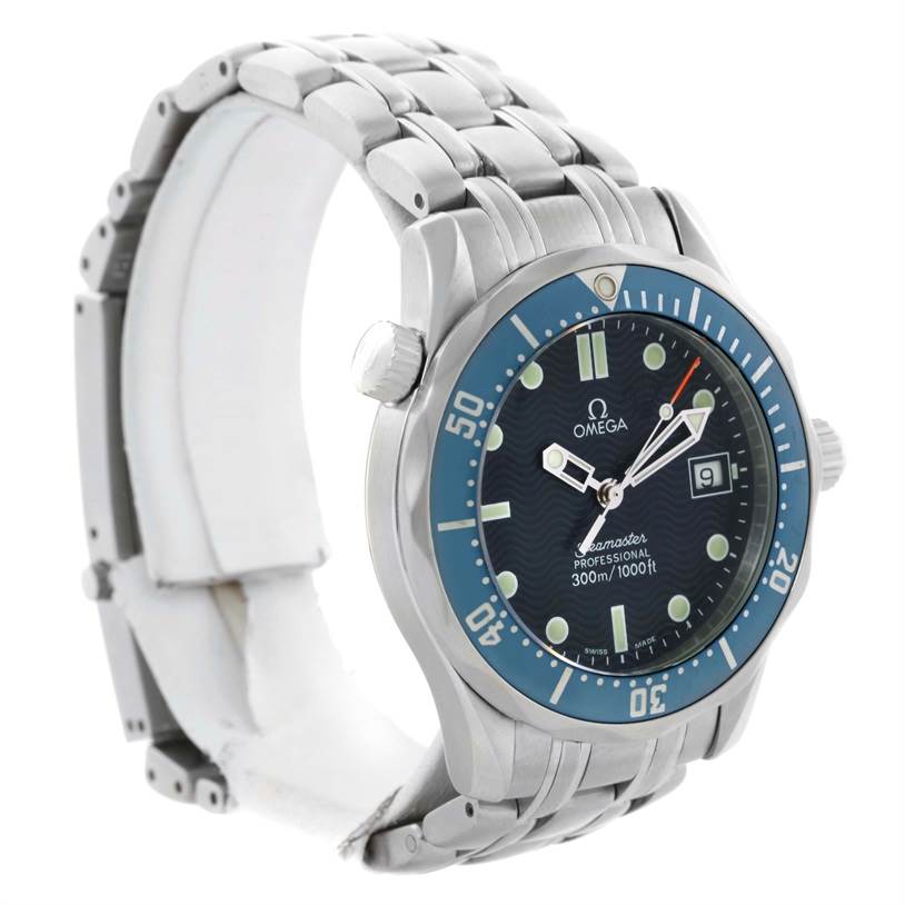 The Omega Seamaster 2561.80.00 Men
s Stainless Steel Blue Dial 2561.80.00 Men
s Stainless Steel Blue Dial watch is shown at a front side angle, displaying the dial, bezel, crown, and bracelet.