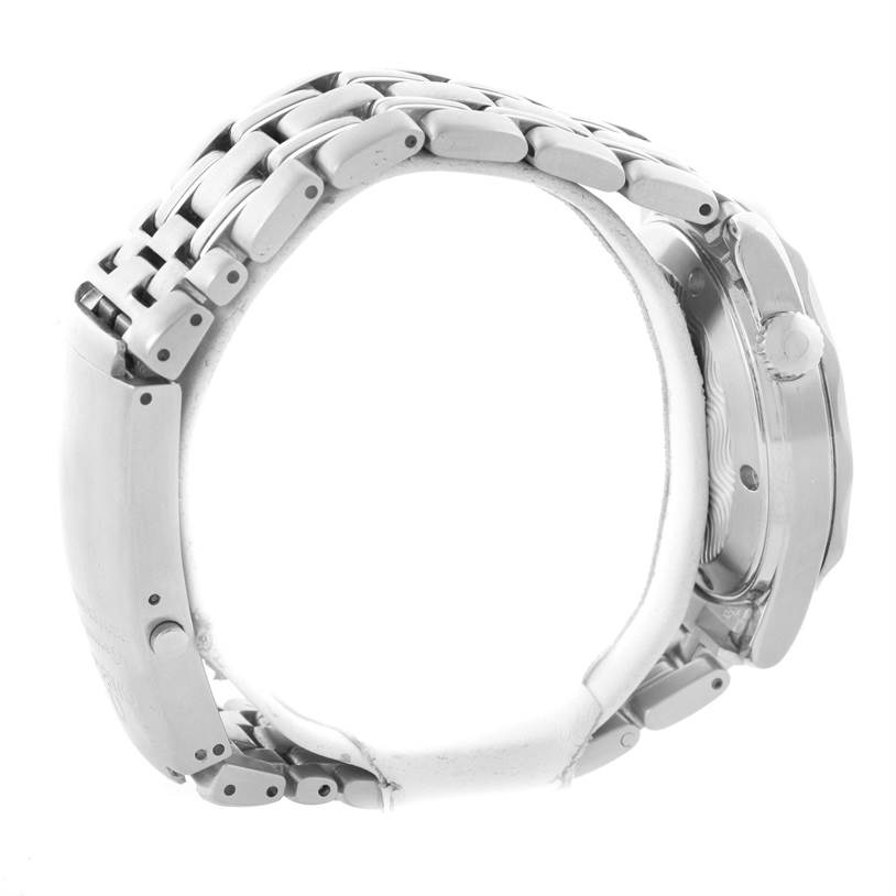 This image shows a side view of an Omega Seamaster 2561.80.00 Men
s Stainless Steel Blue Dial 2561.80.00 Men
s Stainless Steel Blue Dial watch with its bracelet and crown visible.