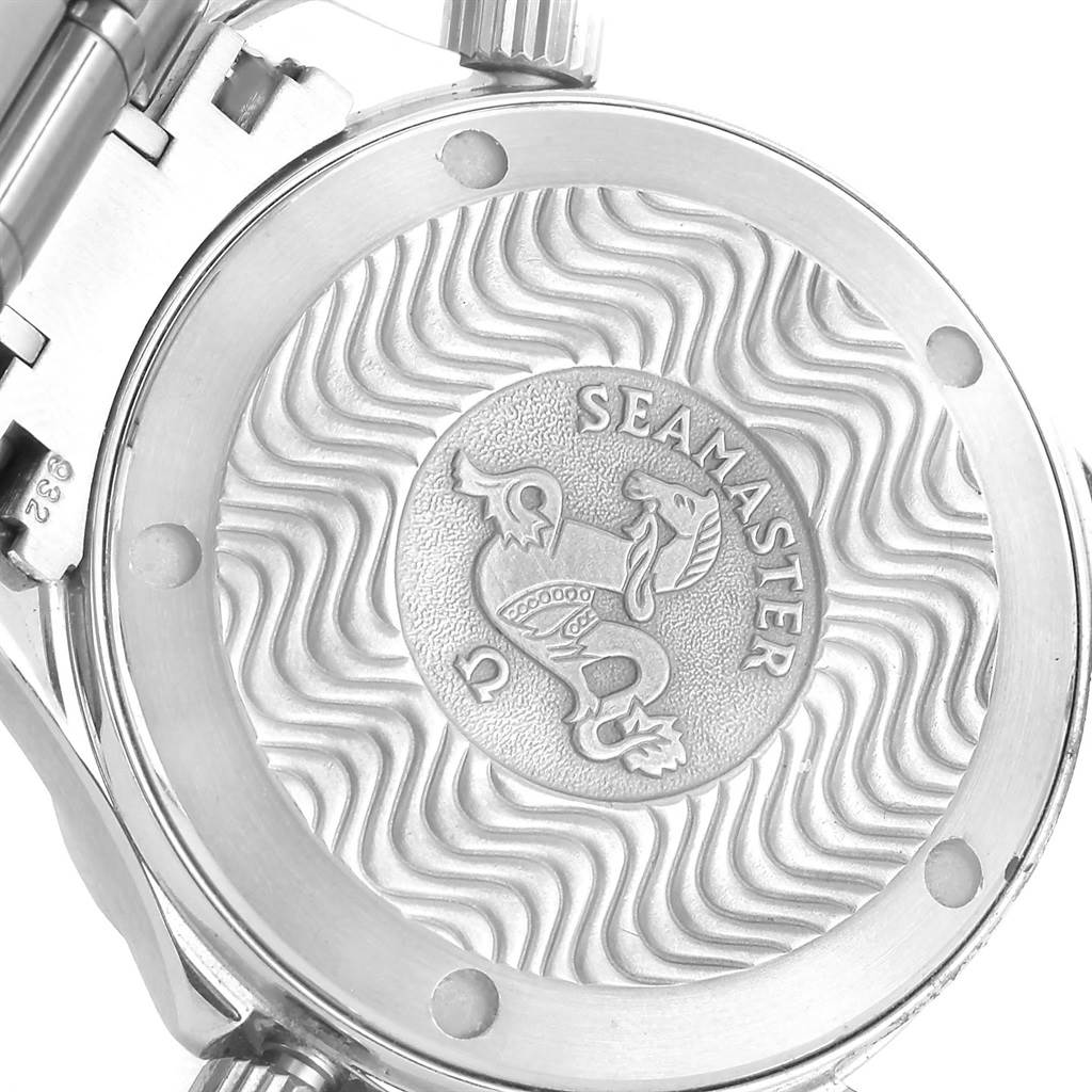This image shows the case back of an Omega Seamaster 2262.50.00 Men's Stainless Steel Black Dial 2262.50.00 Men's Stainless Steel Black Dial watch, highlighting its intricate design and branding.