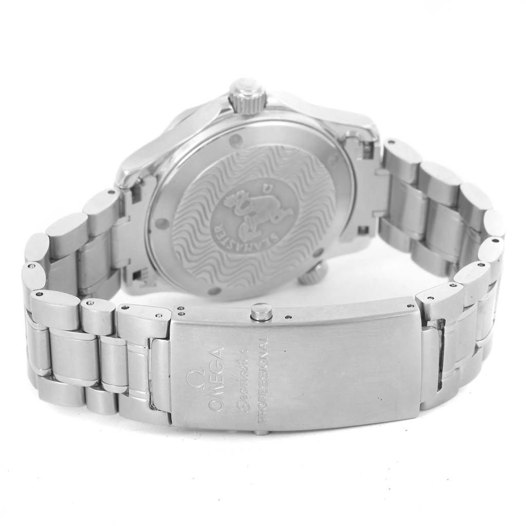 The image shows the back case and clasp of an Omega Seamaster 2262.50.00 Men's Stainless Steel Black Dial 2262.50.00 Men's Stainless Steel Black Dial watch, highlighting the bracelet and engraved details.