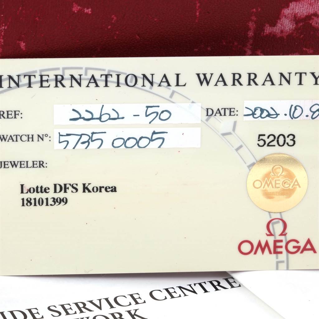 The image shows the international warranty card for an Omega Seamaster 2262.50.00 Men's Stainless Steel Black Dial 2262.50.00 Men's Stainless Steel Black Dial watch, including reference, watch number, and jeweler details.