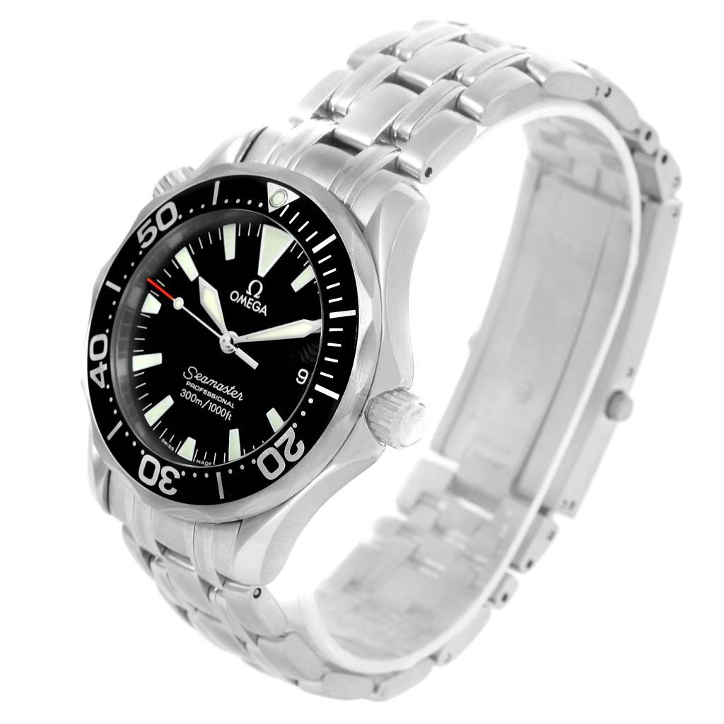 The Omega Seamaster 2262.50.00 Men's Stainless Steel Black Dial 2262.50.00 Men's Stainless Steel Black Dial watch is shown at a three-quarter angle, displaying its face, bezel, crown, and stainless steel bracelet.