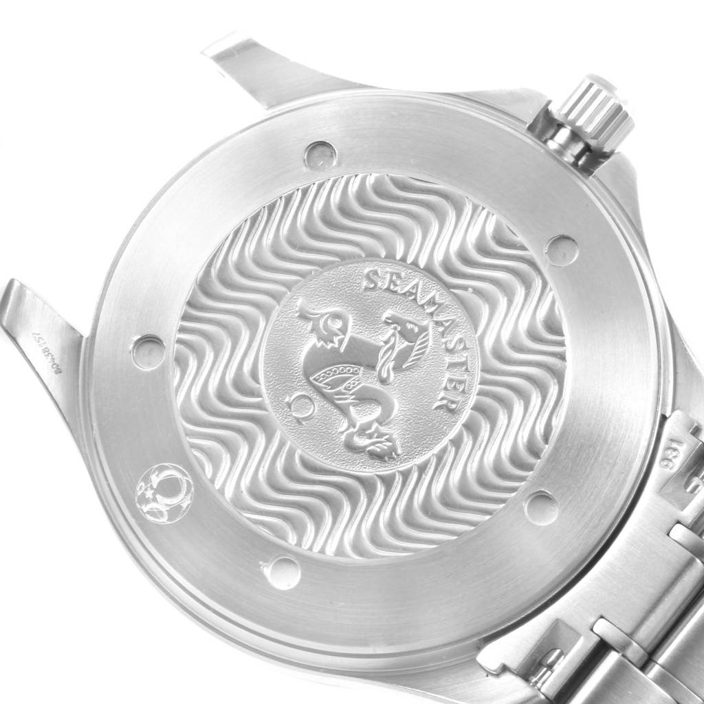 This image shows the case back and crown of an Omega Seamaster 2538.20.00 Men
s Stainless Steel White Dial 2538.20.00 Men
s Stainless Steel White Dial watch from a rear perspective.