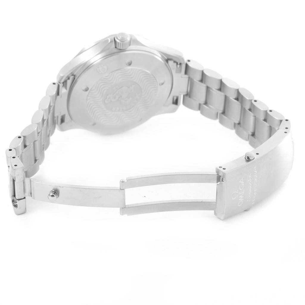 The image shows the back and partially opened clasp of an Omega Seamaster 2538.20.00 Men
s Stainless Steel White Dial 2538.20.00 Men
s Stainless Steel White Dial watch, highlighting its bracelet and case back.