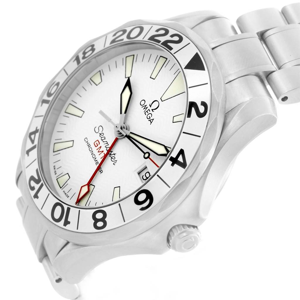 The image shows a close-up angled view of the face and part of the bracelet of an Omega Seamaster 2538.20.00 Men
s Stainless Steel White Dial 2538.20.00 Men
s Stainless Steel White Dial watch, displaying its dial, bezel, and crown.