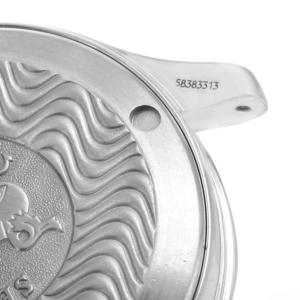 This image shows a close-up of the back case of an Omega Seamaster 2262.50.00 Men
s Stainless Steel Black Dial 2262.50.00 Men
s Stainless Steel Black Dial watch with its distinctive wave pattern and part of its strap attachment.