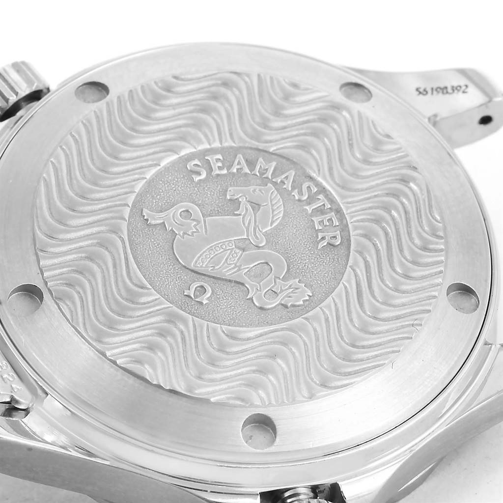 This image shows the back case of an Omega Seamaster 2561.80.00 Men
s Stainless Steel Blue Dial 2561.80.00 Men
s Stainless Steel Blue Dial watch with the model
s engraved design visible.