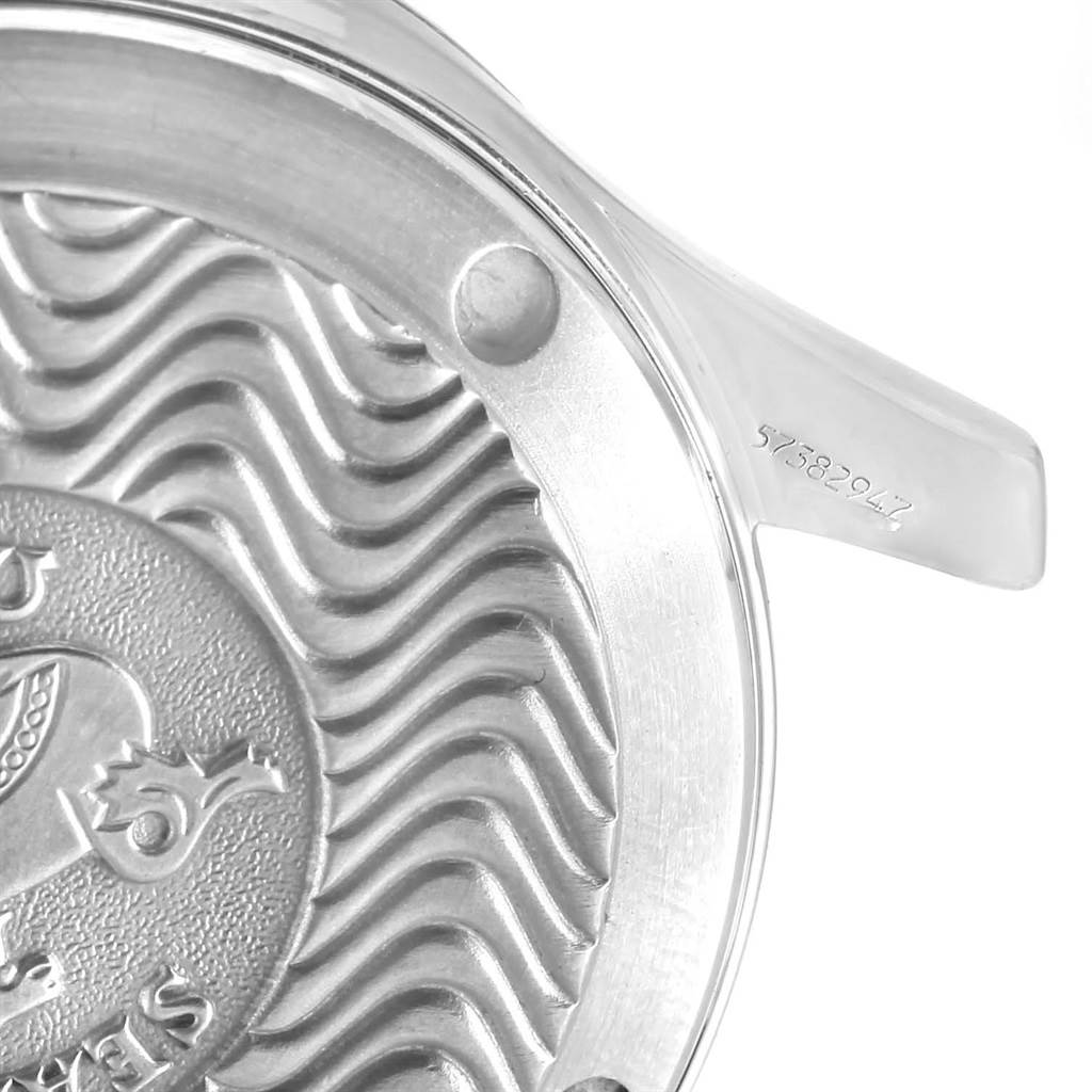 The image shows the back of the Omega Seamaster 2262.50.00 Men
s Stainless Steel Black Dial 2262.50.00 Men
s Stainless Steel Black Dial watch, featuring its engraved design and serial number.
