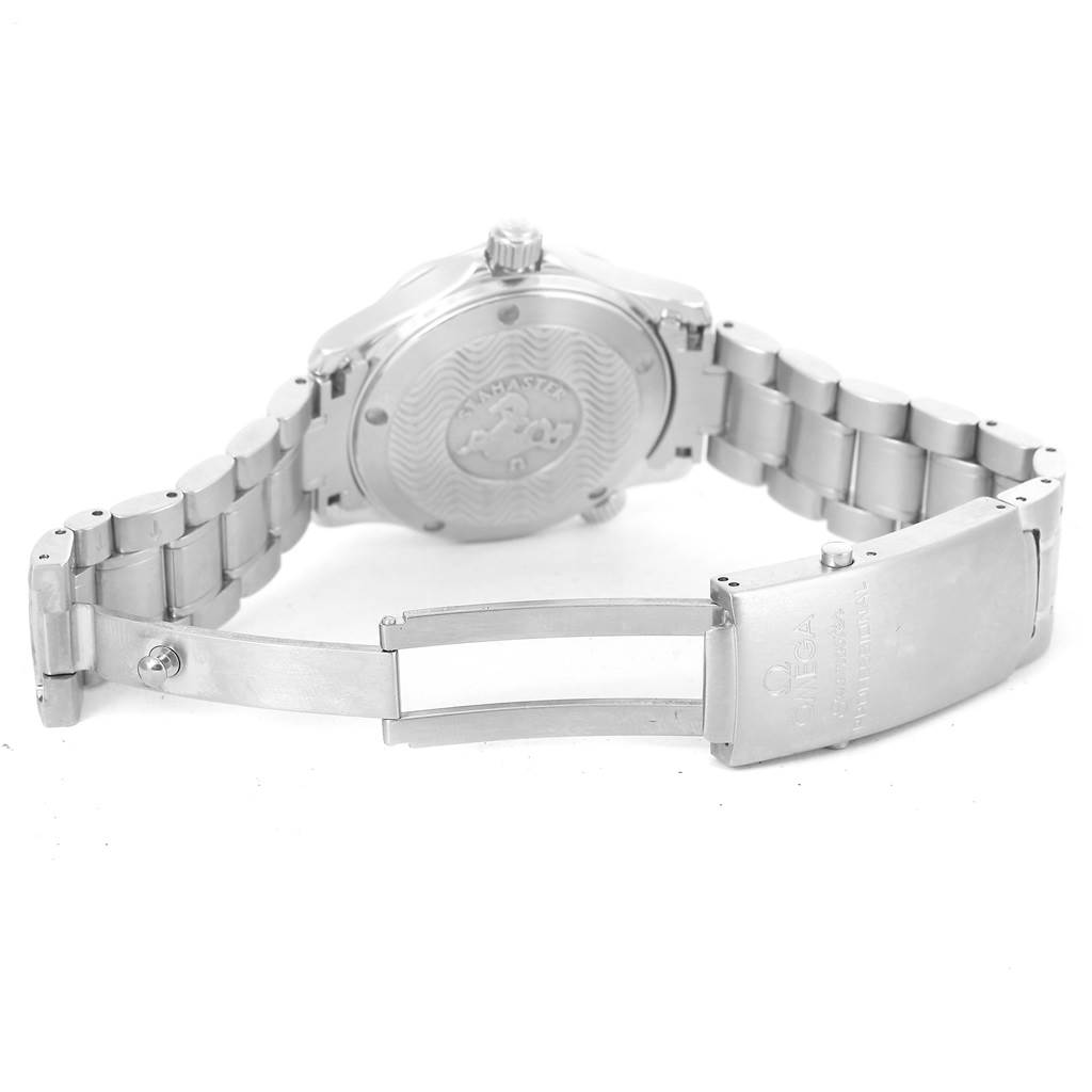 The image shows the backside and clasp of an Omega Seamaster 2262.50.00 Men
s Stainless Steel Black Dial 2262.50.00 Men
s Stainless Steel Black Dial watch with the bracelet fully opened.