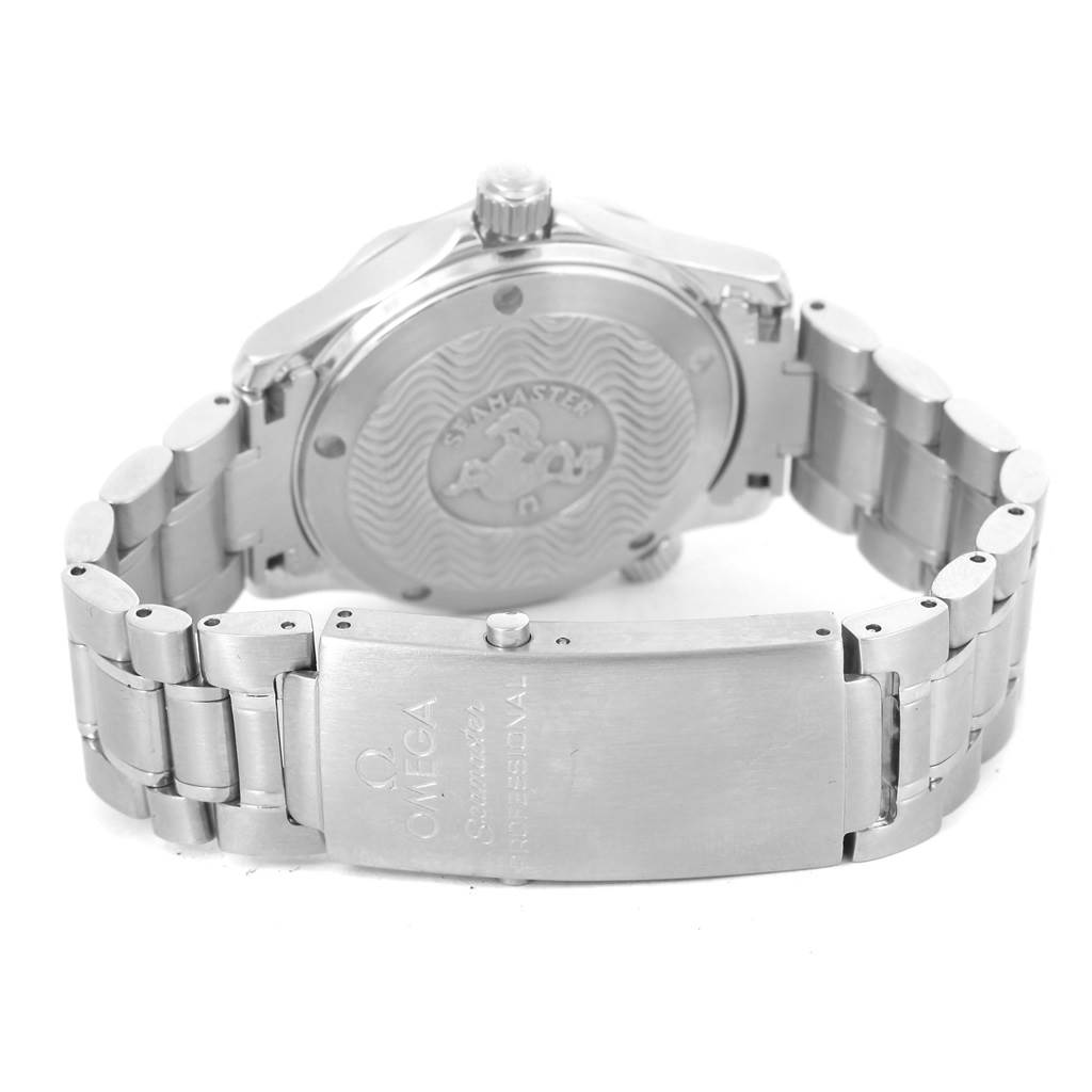 The image shows the back case and bracelet clasp of an Omega Seamaster 2262.50.00 Men
s Stainless Steel Black Dial 2262.50.00 Men
s Stainless Steel Black Dial watch at an angled bottom view.