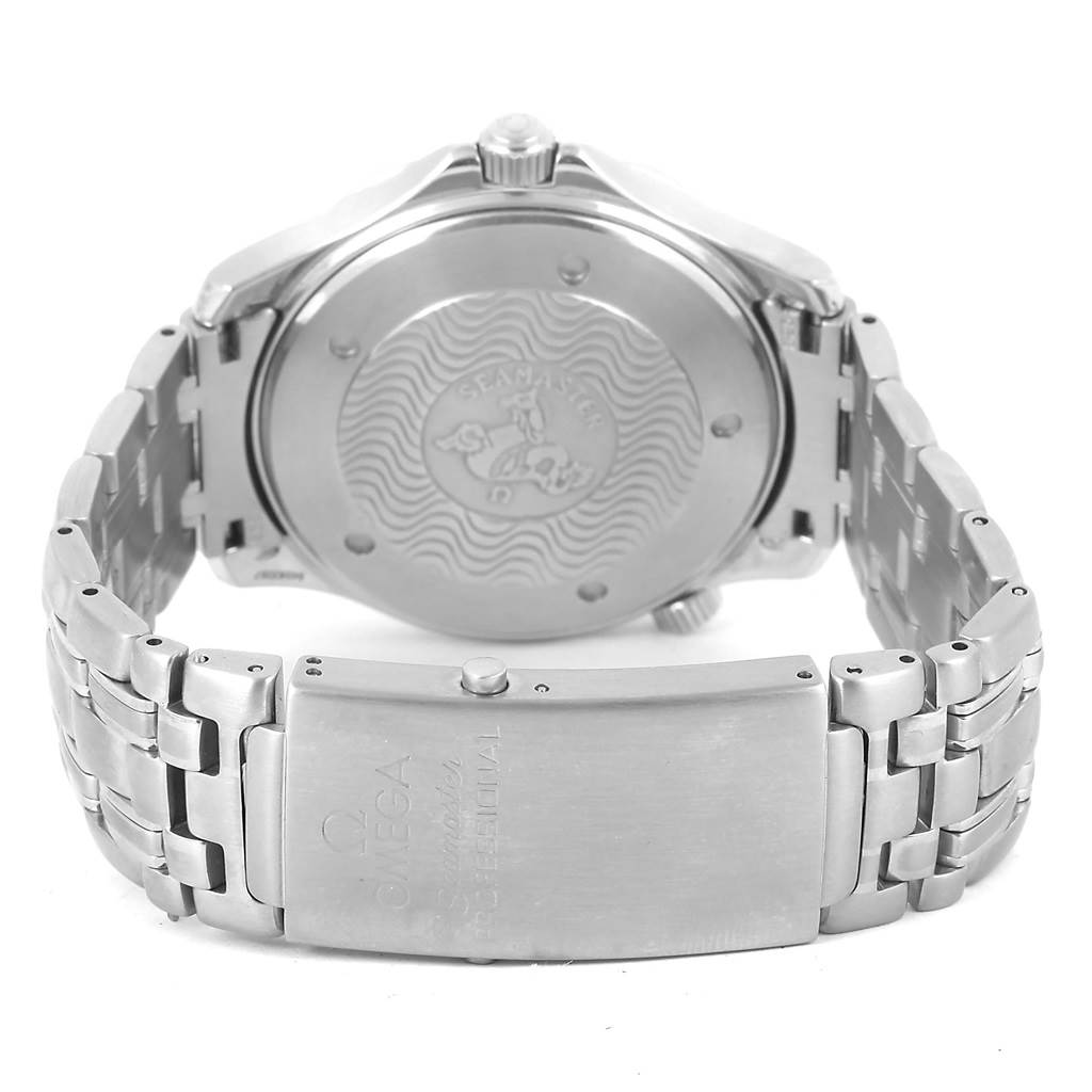 The image shows the backside and clasp of an Omega Seamaster 2541.80.00 Men
s Stainless Steel Blue Dial 2541.80.00 Men
s Stainless Steel Blue Dial watch from a rear angle.