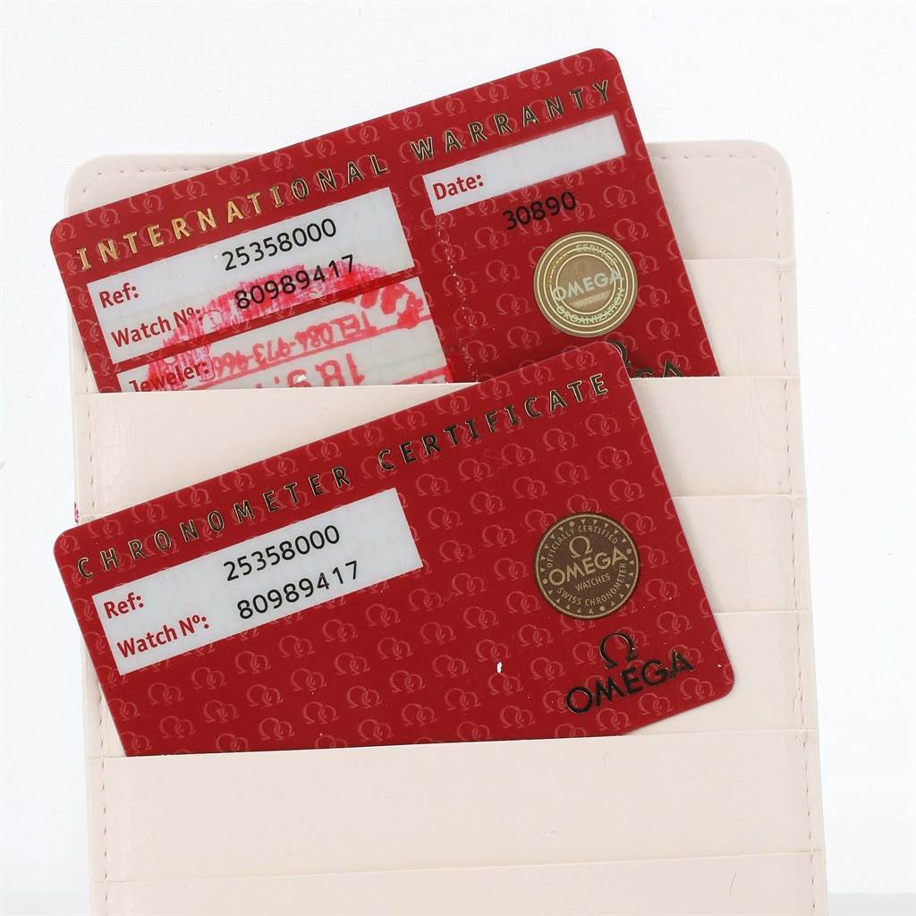 The image shows an International Warranty and Chronometer Certificate for an Omega Seamaster 2535.80.00 Men
s Stainless Steel Blue Dial 2535.80.00 Men
s Stainless Steel Blue Dial watch.