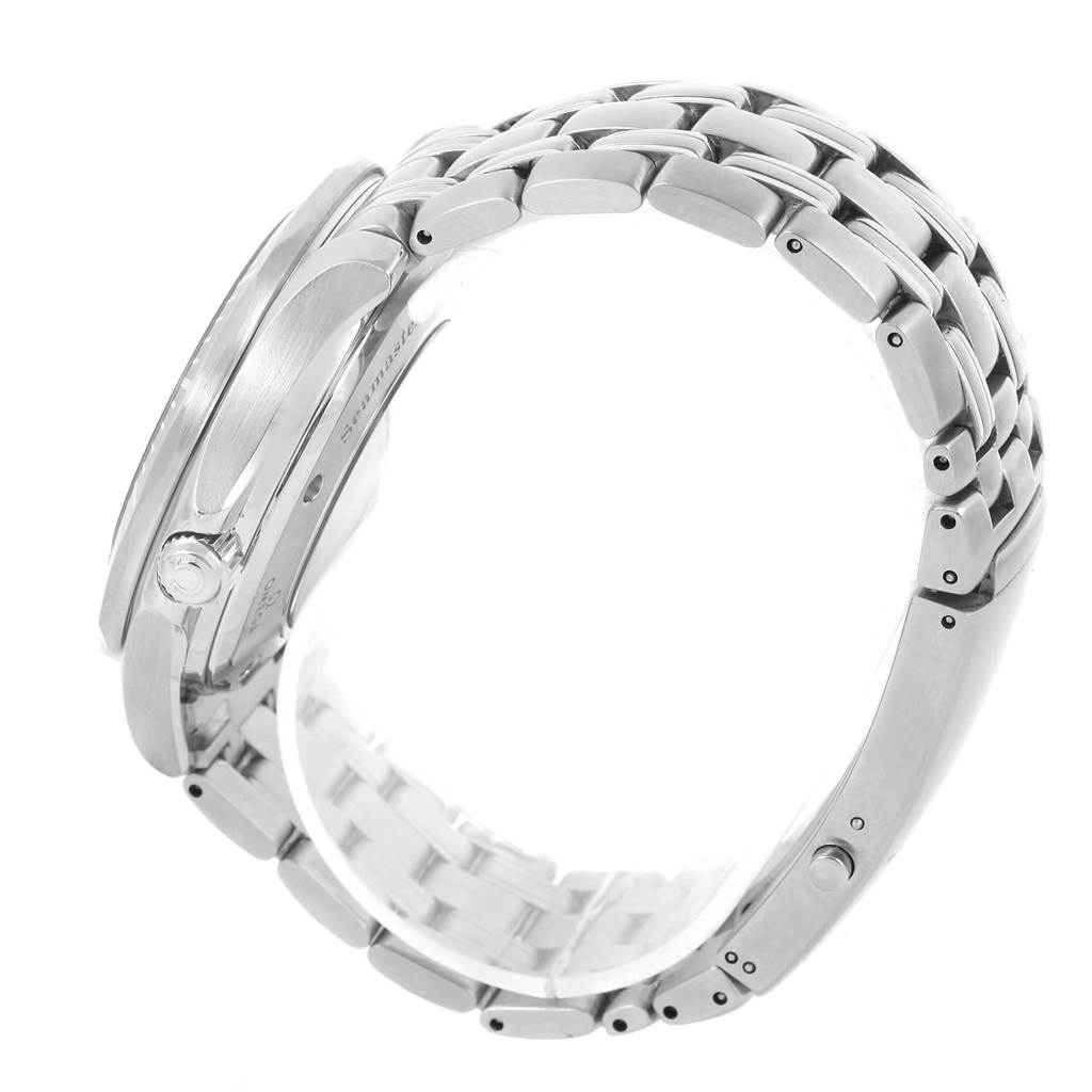 The image shows a side view of the Omega Seamaster 2535.80.00 Men
s Stainless Steel Blue Dial 2535.80.00 Men
s Stainless Steel Blue Dial watch, highlighting its metal bracelet and case.