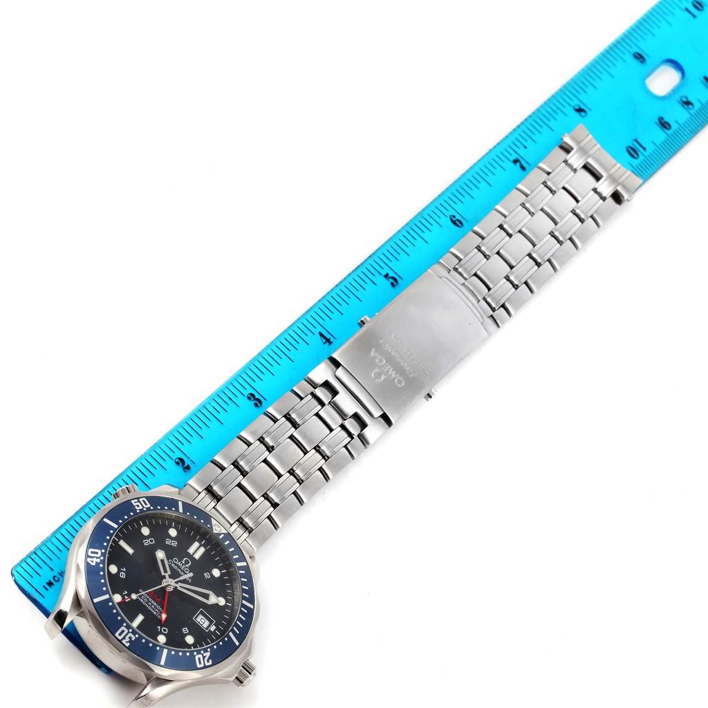 The Omega Seamaster 2535.80.00 Men
s Stainless Steel Blue Dial 2535.80.00 Men
s Stainless Steel Blue Dial watch is shown from a top-down angle, with the face, stainless steel bracelet, and clasp visible.