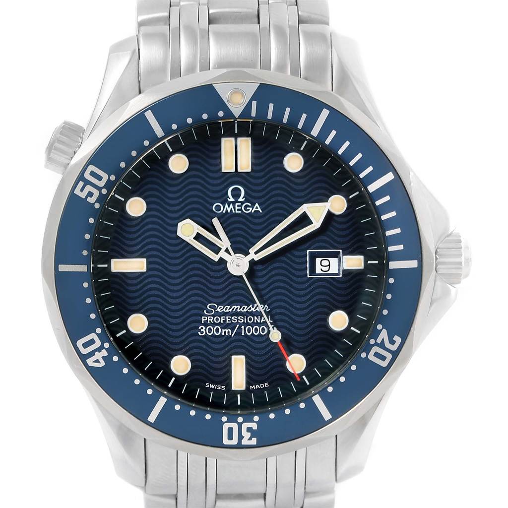 The image shows a front view of the Omega Seamaster 2541.80.00 Men
s Stainless Steel Blue Dial 2541.80.00 Men
s Stainless Steel Blue Dial, highlighting the dial, bezel, hands, and part of the bracelet.